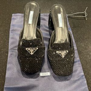 Prada black rhinestone mules